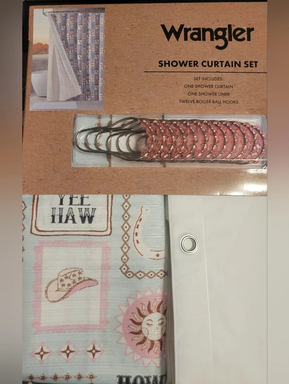 New Wrangler Western Stamps Blue Shower Curtain Set